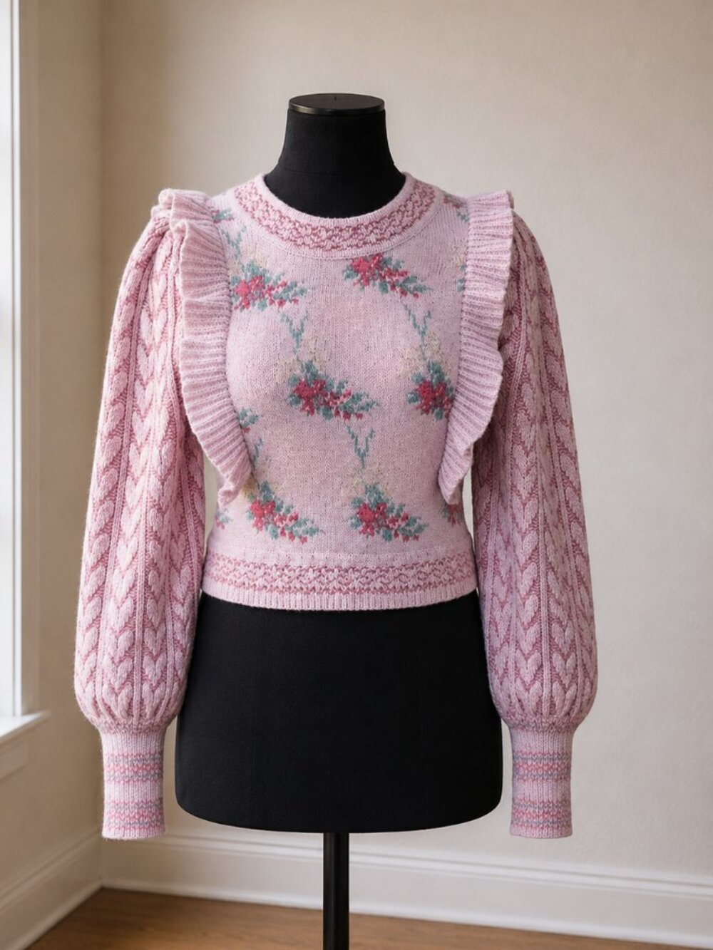 LoveShackFancy Warwick Ruffle Sweater First Blush Pink Multi Strawberry Floral L